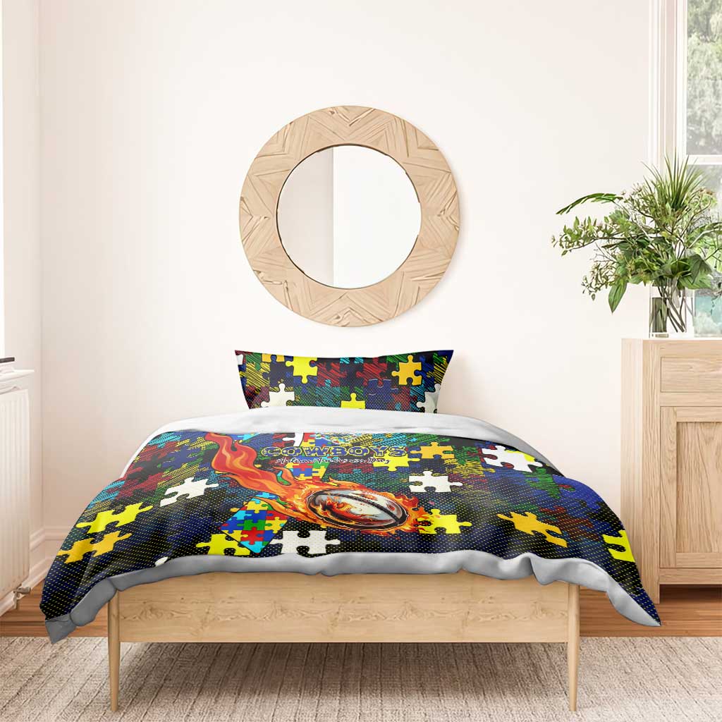 Cowboys Autism Awareness Bedding Set Puzzle Flames Rugby Ball