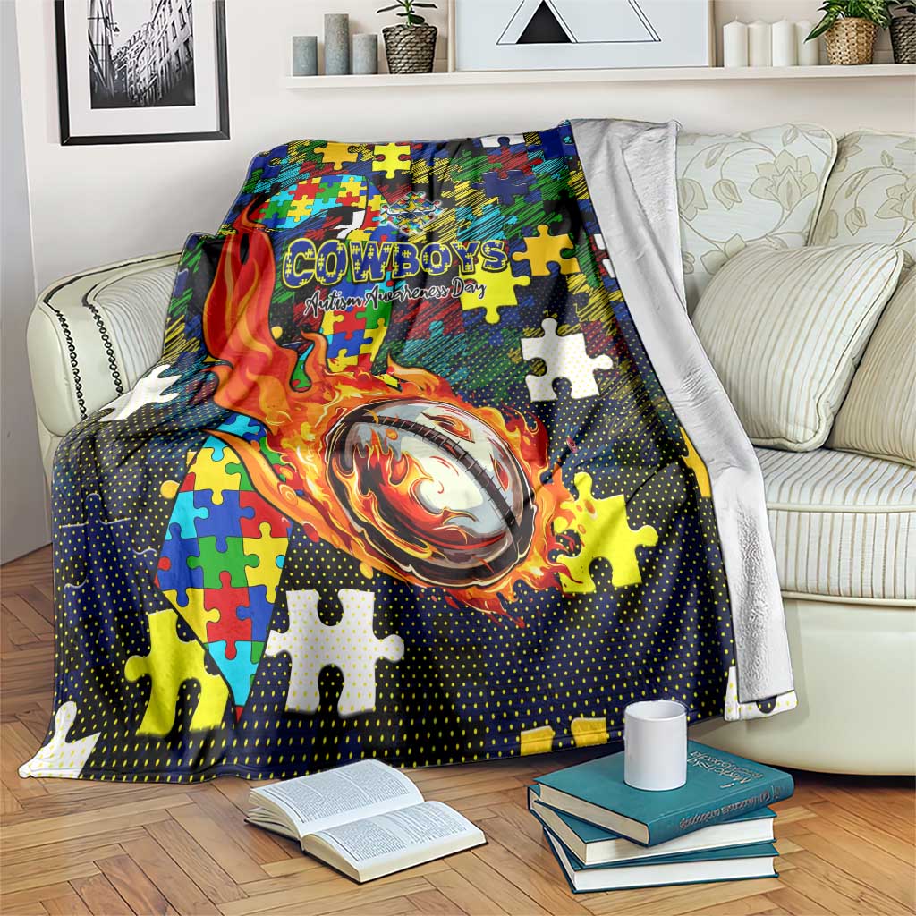 Cowboys Autism Awareness Blanket Puzzle Flames Rugby Ball