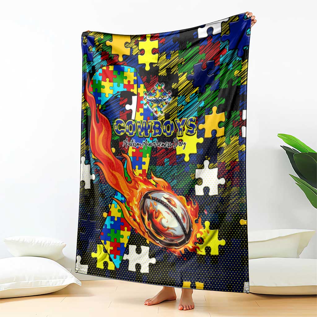 Cowboys Autism Awareness Blanket Puzzle Flames Rugby Ball