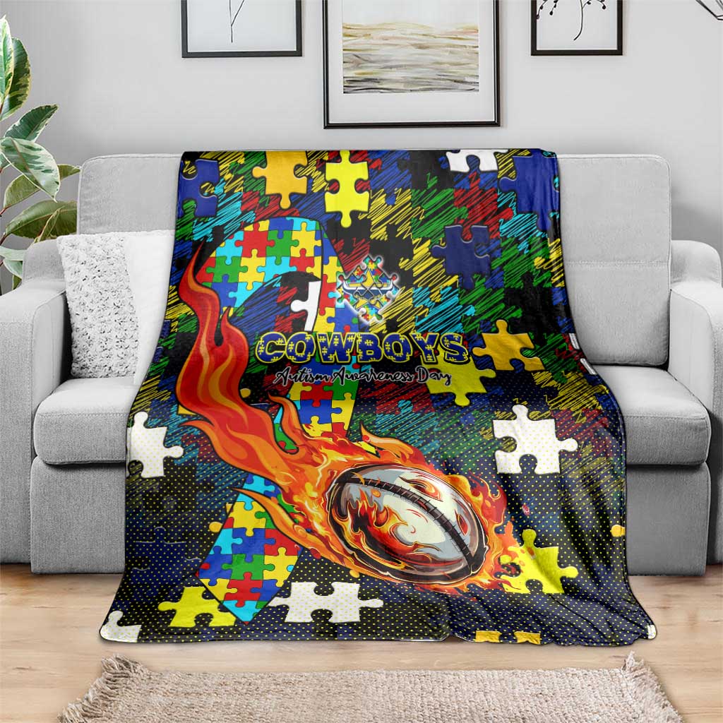 Cowboys Autism Awareness Blanket Puzzle Flames Rugby Ball