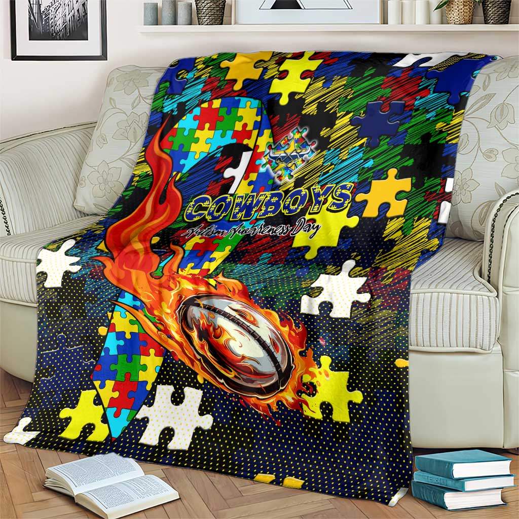 Cowboys Autism Awareness Blanket Puzzle Flames Rugby Ball