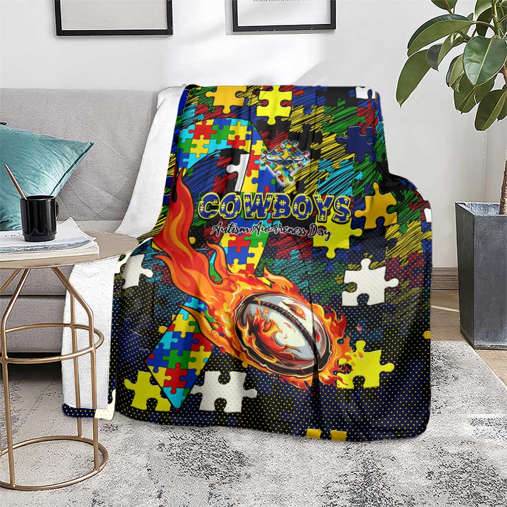 Cowboys Autism Awareness Blanket Puzzle Flames Rugby Ball