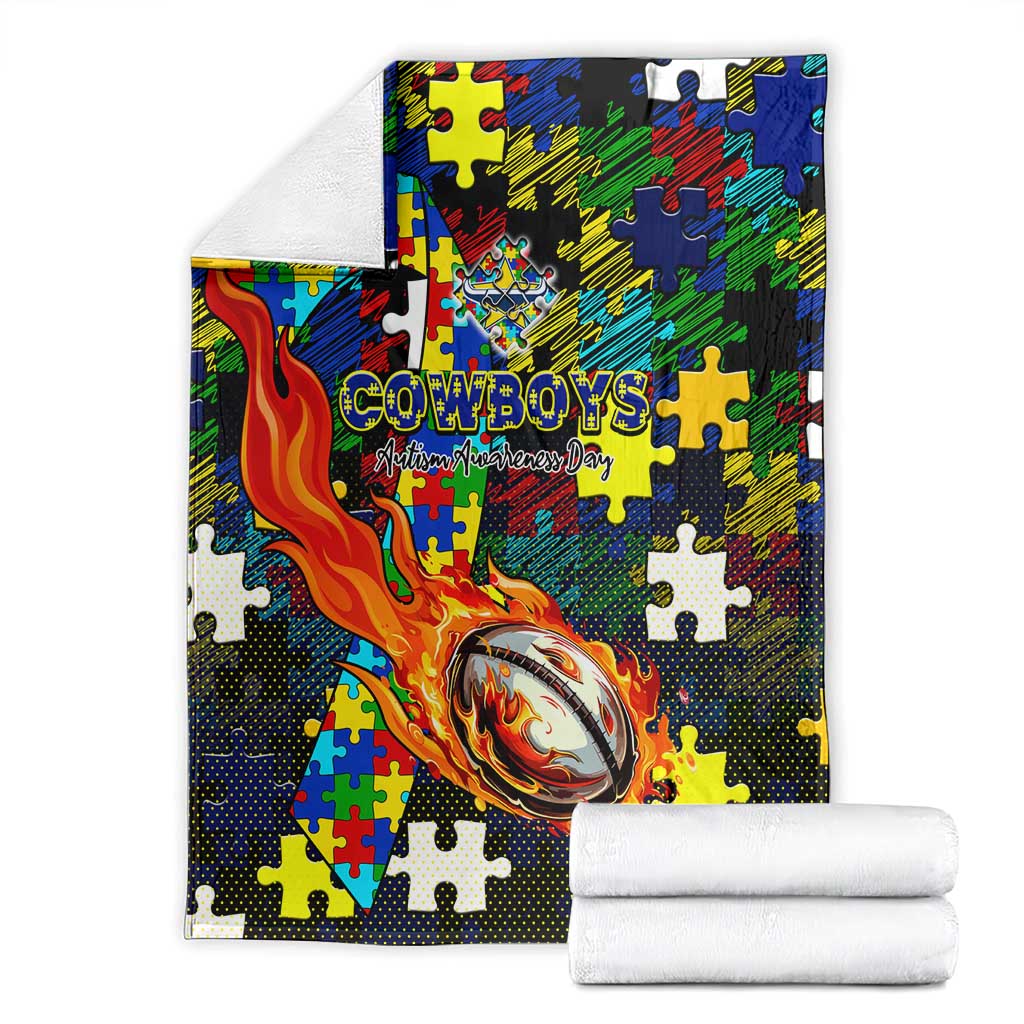 Cowboys Autism Awareness Blanket Puzzle Flames Rugby Ball