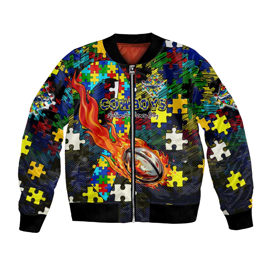 Cowboys Autism Awareness Bomber Jacket Puzzle Flames Rugby Ball