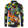 Cowboys Autism Awareness Button Sweatshirt Puzzle Flames Rugby Ball