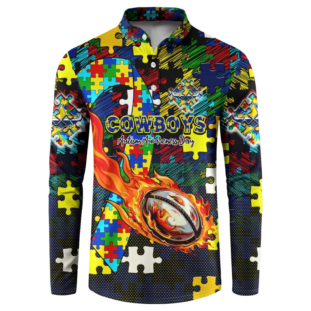 Cowboys Autism Awareness Button Sweatshirt Puzzle Flames Rugby Ball