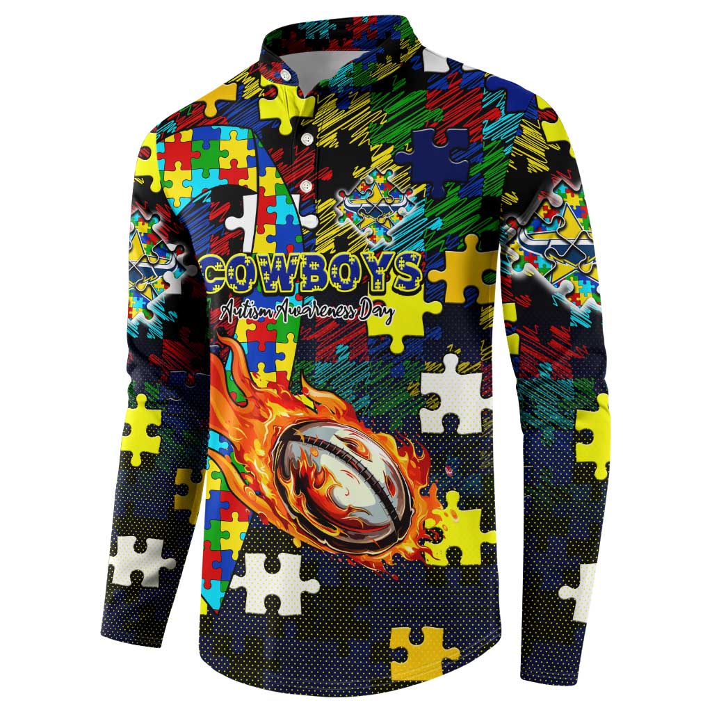 Cowboys Autism Awareness Button Sweatshirt Puzzle Flames Rugby Ball