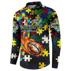 Cowboys Autism Awareness Button Sweatshirt Puzzle Flames Rugby Ball