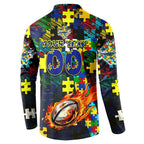 Cowboys Autism Awareness Button Sweatshirt Puzzle Flames Rugby Ball