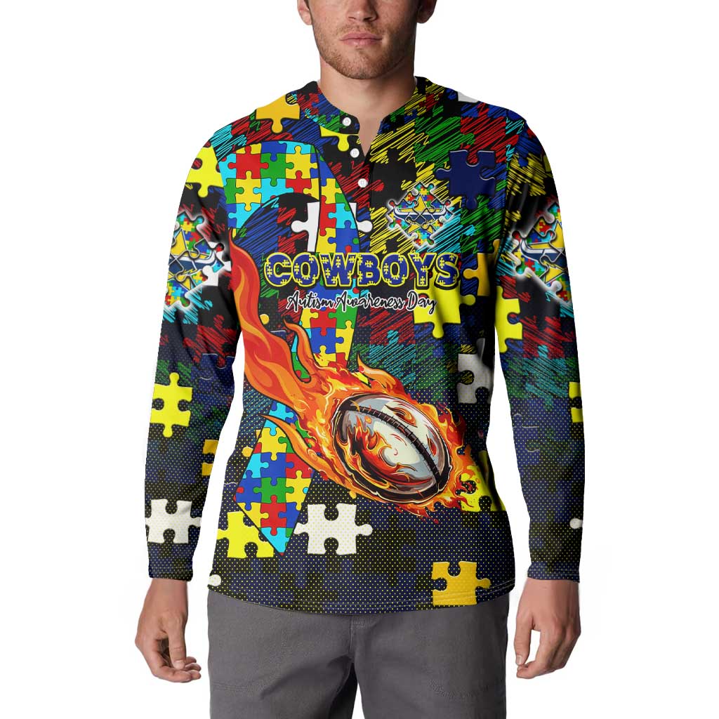 Cowboys Autism Awareness Button Sweatshirt Puzzle Flames Rugby Ball