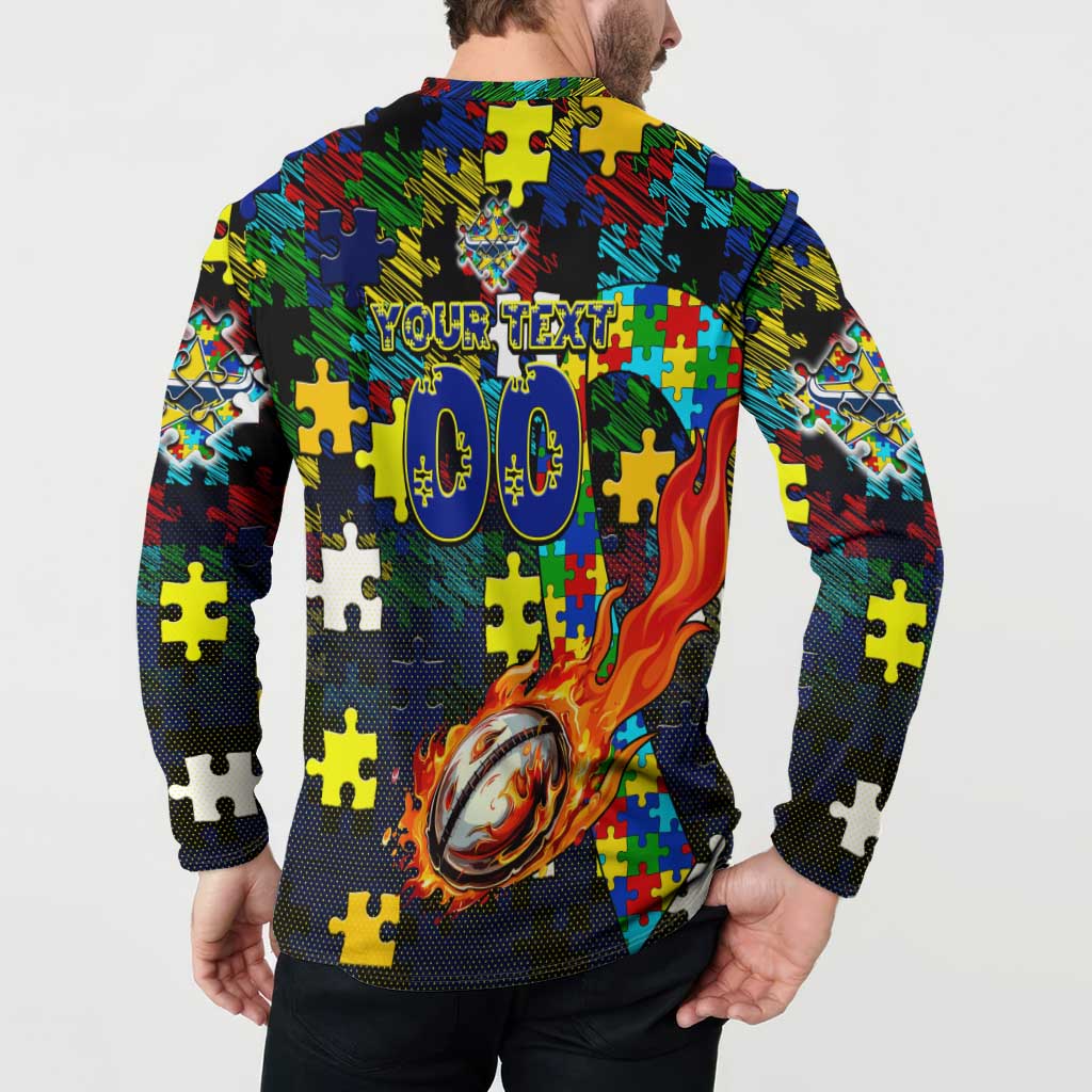 Cowboys Autism Awareness Button Sweatshirt Puzzle Flames Rugby Ball