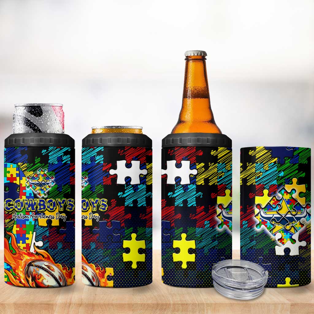 Cowboys Autism Awareness 4 in 1 Can Cooler Tumbler Puzzle Flames Rugby Ball