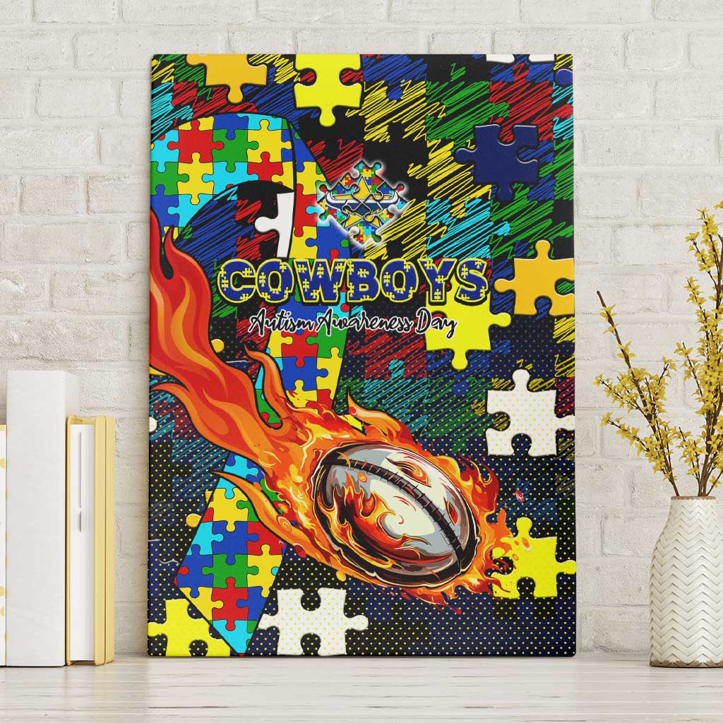 Cowboys Autism Awareness Canvas Wall Art Puzzle Flames Rugby Ball
