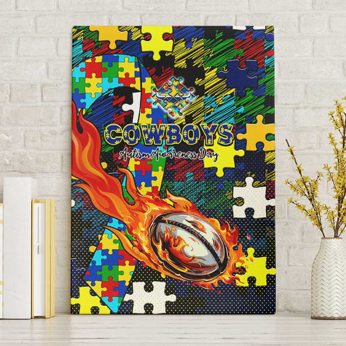 Cowboys Autism Awareness Canvas Wall Art Puzzle Flames Rugby Ball