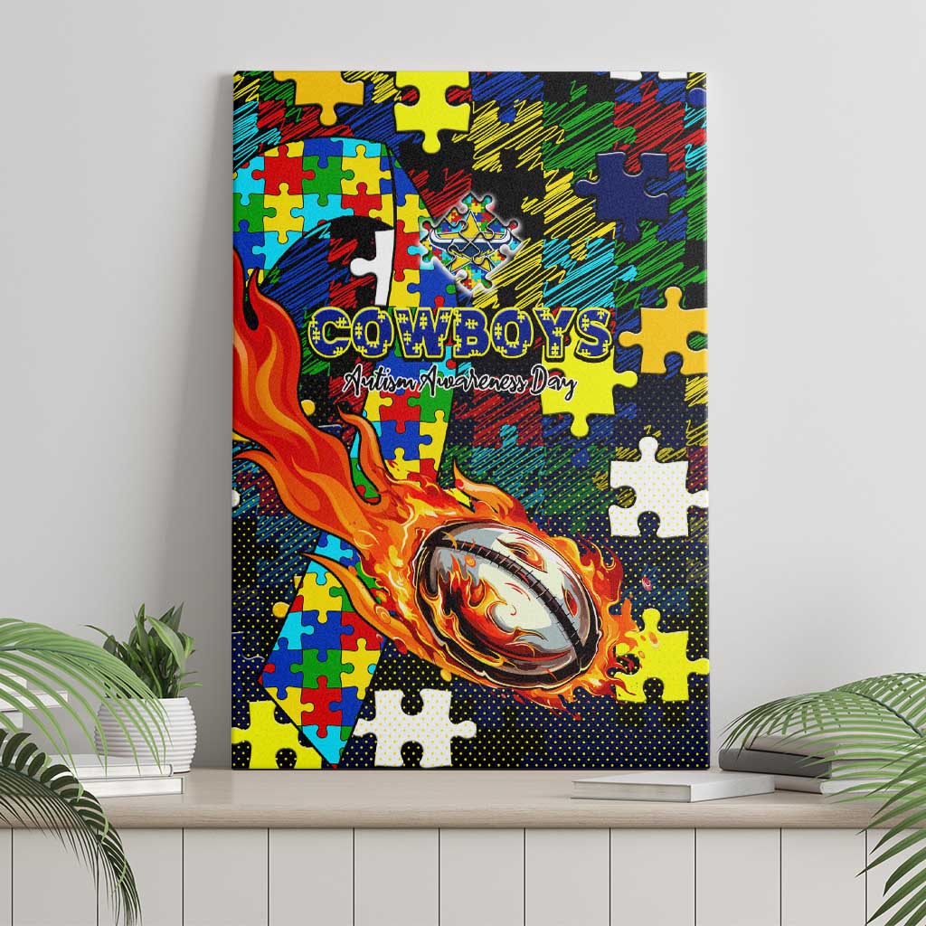 Cowboys Autism Awareness Canvas Wall Art Puzzle Flames Rugby Ball