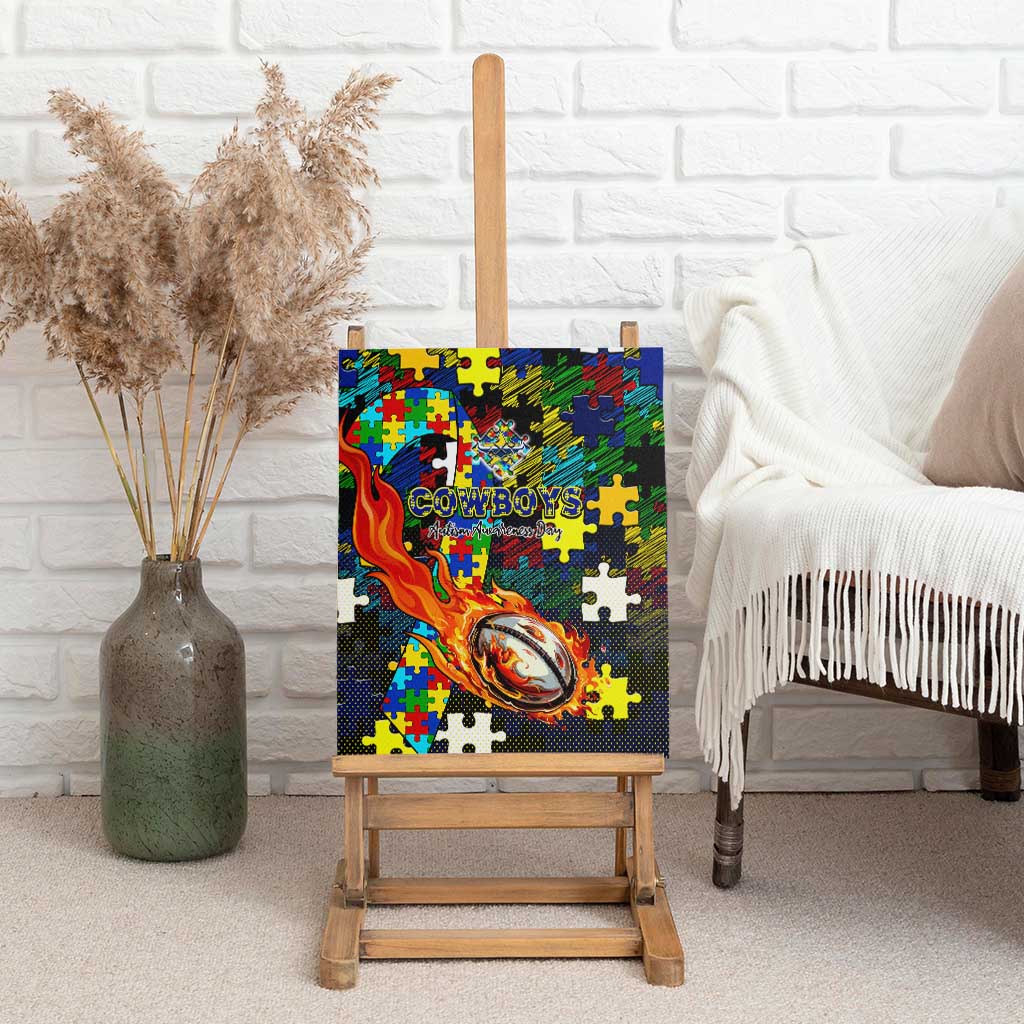 Cowboys Autism Awareness Canvas Wall Art Puzzle Flames Rugby Ball