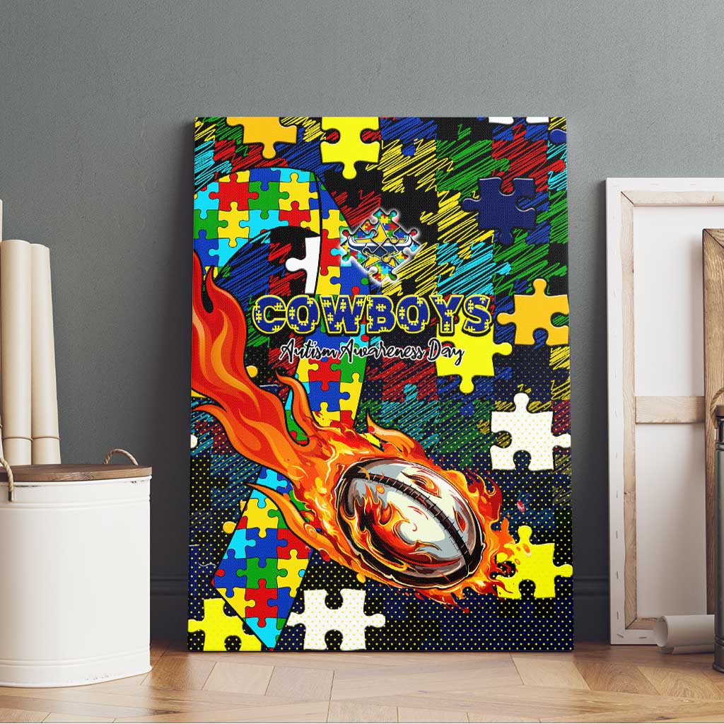 Cowboys Autism Awareness Canvas Wall Art Puzzle Flames Rugby Ball