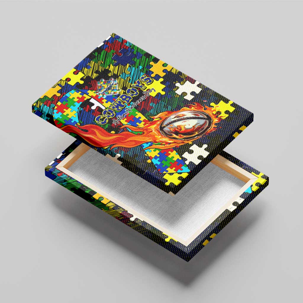 Cowboys Autism Awareness Canvas Wall Art Puzzle Flames Rugby Ball