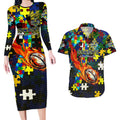 Cowboys Autism Awareness Couples Matching Long Sleeve Bodycon Dress and Hawaiian Shirt Puzzle Flames Rugby Ball
