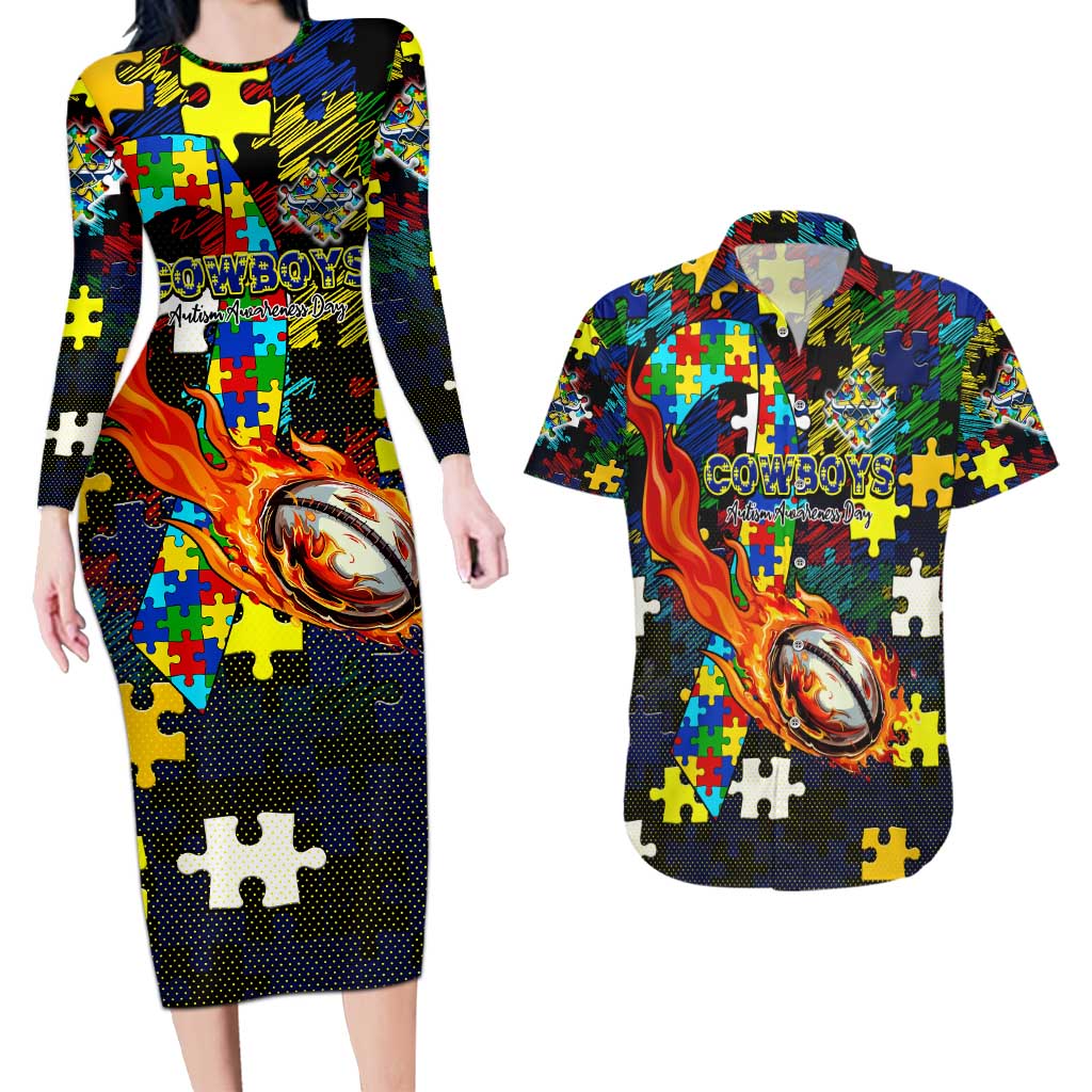 Cowboys Autism Awareness Couples Matching Long Sleeve Bodycon Dress and Hawaiian Shirt Puzzle Flames Rugby Ball