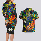 Cowboys Autism Awareness Couples Matching Long Sleeve Bodycon Dress and Hawaiian Shirt Puzzle Flames Rugby Ball