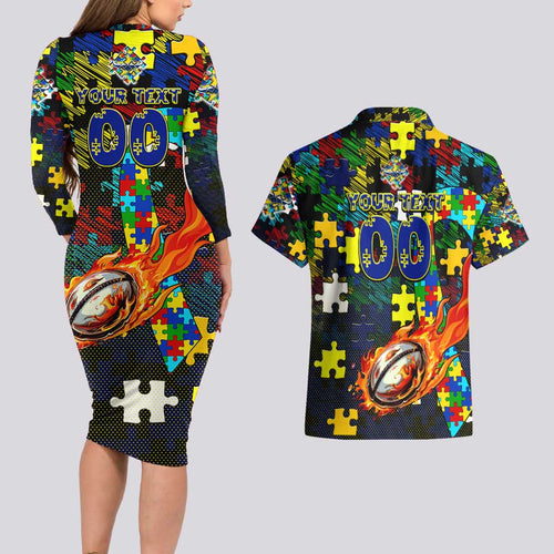 Cowboys Autism Awareness Couples Matching Long Sleeve Bodycon Dress and Hawaiian Shirt Puzzle Flames Rugby Ball