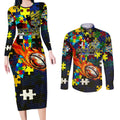 Cowboys Autism Awareness Couples Matching Long Sleeve Bodycon Dress and Long Sleeve Button Shirt Puzzle Flames Rugby Ball