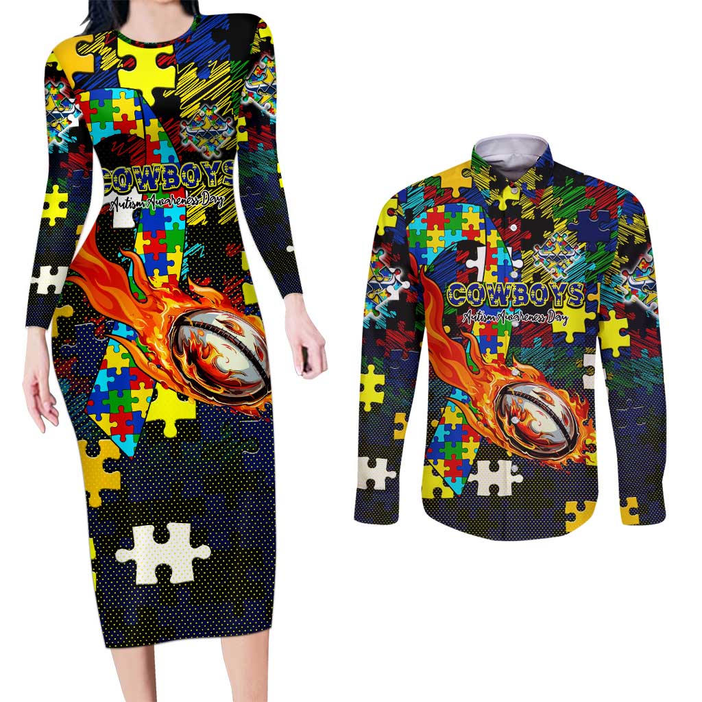 Cowboys Autism Awareness Couples Matching Long Sleeve Bodycon Dress and Long Sleeve Button Shirt Puzzle Flames Rugby Ball