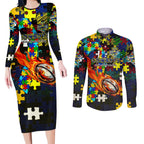Cowboys Autism Awareness Couples Matching Long Sleeve Bodycon Dress and Long Sleeve Button Shirt Puzzle Flames Rugby Ball