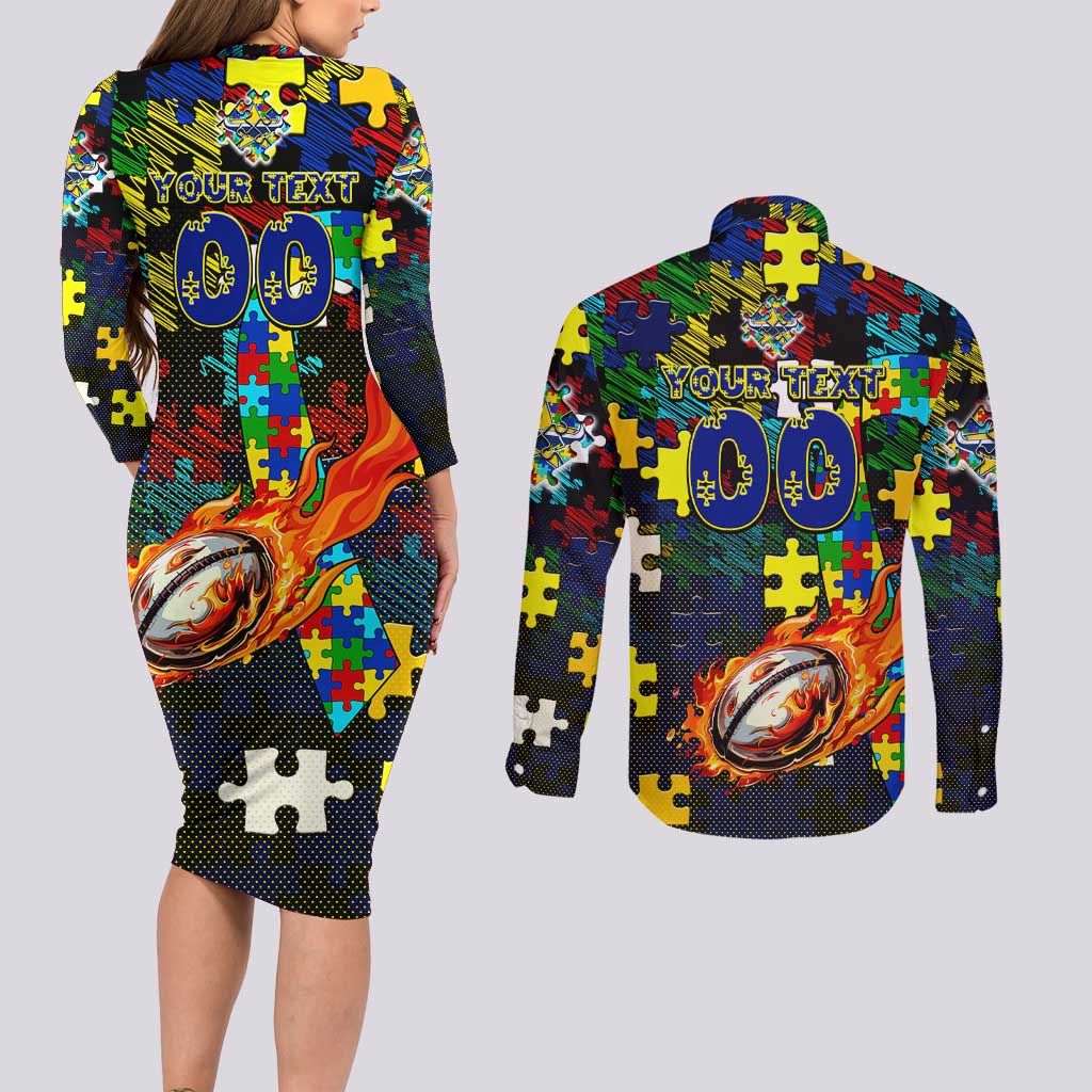 Cowboys Autism Awareness Couples Matching Long Sleeve Bodycon Dress and Long Sleeve Button Shirt Puzzle Flames Rugby Ball