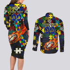 Cowboys Autism Awareness Couples Matching Long Sleeve Bodycon Dress and Long Sleeve Button Shirt Puzzle Flames Rugby Ball