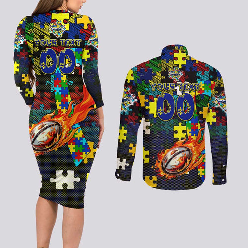 Cowboys Autism Awareness Couples Matching Long Sleeve Bodycon Dress and Long Sleeve Button Shirt Puzzle Flames Rugby Ball