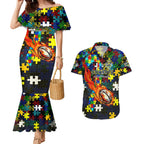 Cowboys Autism Awareness Couples Matching Mermaid Dress and Hawaiian Shirt Puzzle Flames Rugby Ball