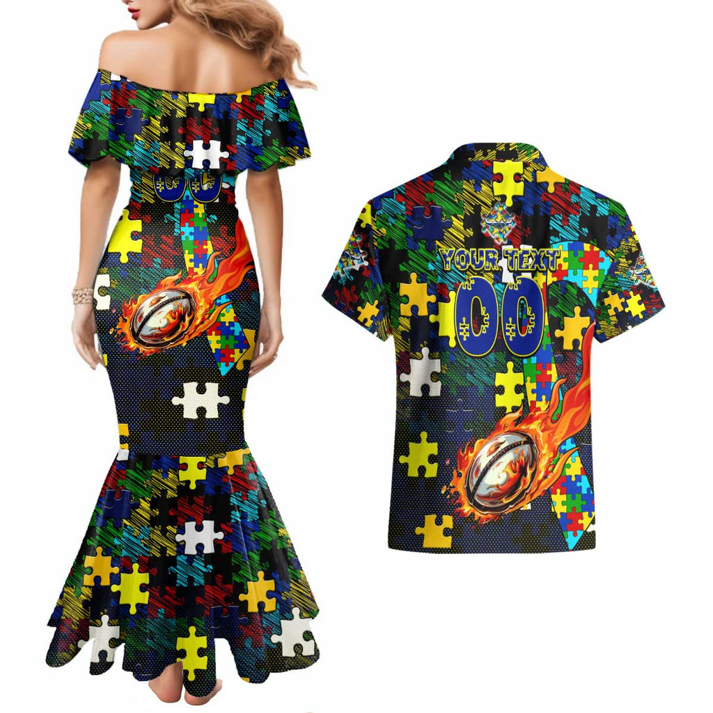 Cowboys Autism Awareness Couples Matching Mermaid Dress and Hawaiian Shirt Puzzle Flames Rugby Ball