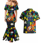 Cowboys Autism Awareness Couples Matching Mermaid Dress and Hawaiian Shirt Puzzle Flames Rugby Ball