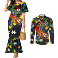 Cowboys Autism Awareness Couples Matching Mermaid Dress and Long Sleeve Button Shirt Puzzle Flames Rugby Ball