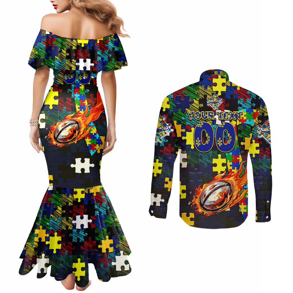 Cowboys Autism Awareness Couples Matching Mermaid Dress and Long Sleeve Button Shirt Puzzle Flames Rugby Ball