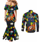 Cowboys Autism Awareness Couples Matching Mermaid Dress and Long Sleeve Button Shirt Puzzle Flames Rugby Ball
