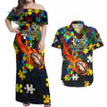 Cowboys Autism Awareness Couples Matching Off Shoulder Maxi Dress and Hawaiian Shirt Puzzle Flames Rugby Ball