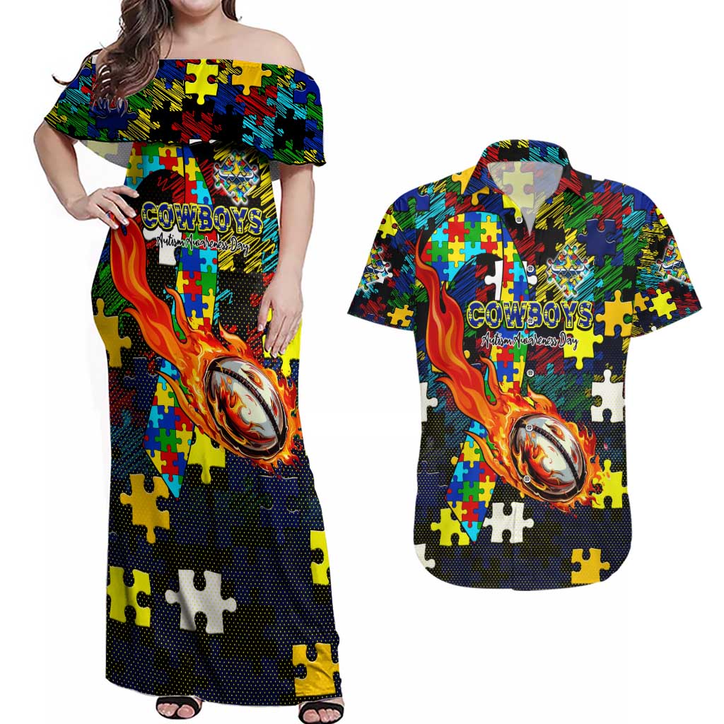 Cowboys Autism Awareness Couples Matching Off Shoulder Maxi Dress and Hawaiian Shirt Puzzle Flames Rugby Ball
