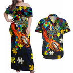 Cowboys Autism Awareness Couples Matching Off Shoulder Maxi Dress and Hawaiian Shirt Puzzle Flames Rugby Ball