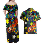 Cowboys Autism Awareness Couples Matching Off Shoulder Maxi Dress and Hawaiian Shirt Puzzle Flames Rugby Ball