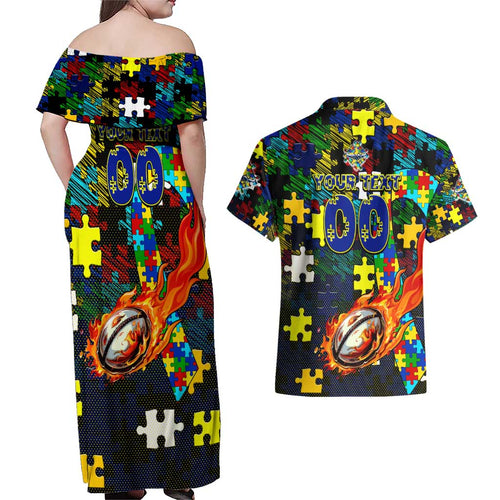 Cowboys Autism Awareness Couples Matching Off Shoulder Maxi Dress and Hawaiian Shirt Puzzle Flames Rugby Ball