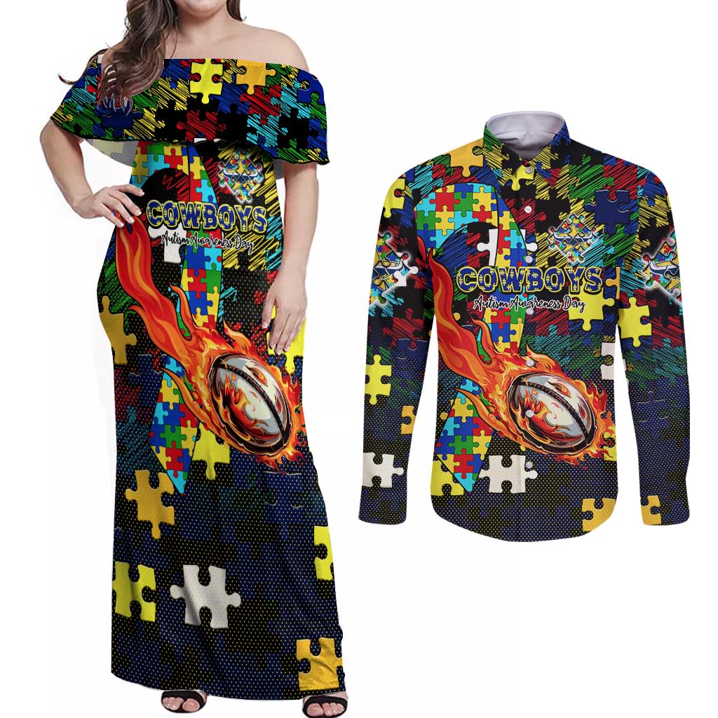 Cowboys Autism Awareness Couples Matching Off Shoulder Maxi Dress and Long Sleeve Button Shirt Puzzle Flames Rugby Ball