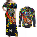 Cowboys Autism Awareness Couples Matching Off Shoulder Maxi Dress and Long Sleeve Button Shirt Puzzle Flames Rugby Ball