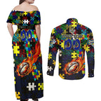 Cowboys Autism Awareness Couples Matching Off Shoulder Maxi Dress and Long Sleeve Button Shirt Puzzle Flames Rugby Ball