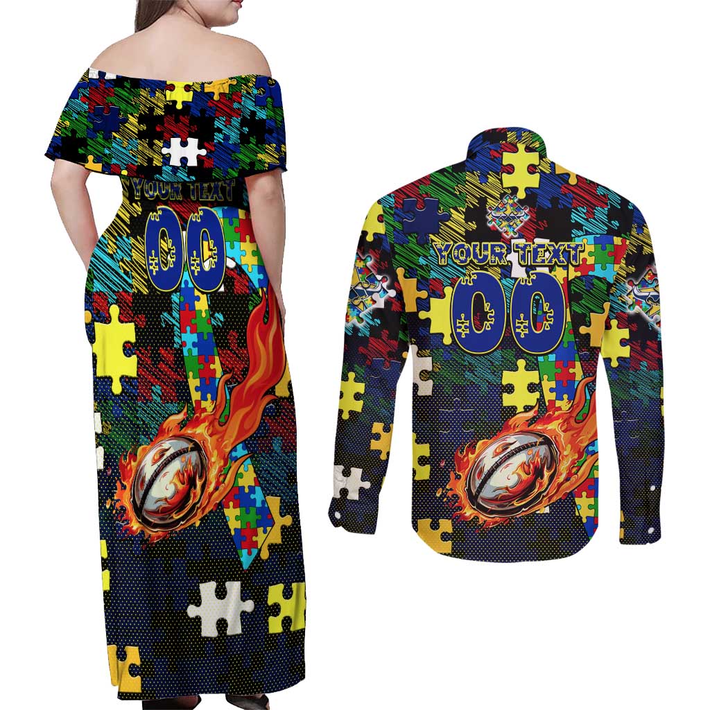 Cowboys Autism Awareness Couples Matching Off Shoulder Maxi Dress and Long Sleeve Button Shirt Puzzle Flames Rugby Ball