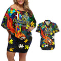 Cowboys Autism Awareness Couples Matching Off Shoulder Short Dress and Hawaiian Shirt Puzzle Flames Rugby Ball