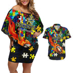 Cowboys Autism Awareness Couples Matching Off Shoulder Short Dress and Hawaiian Shirt Puzzle Flames Rugby Ball