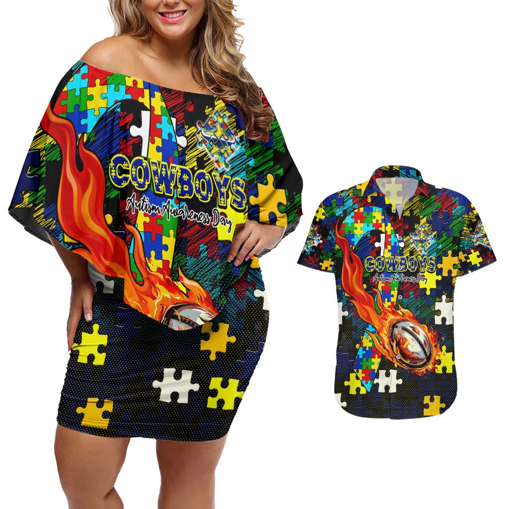 Cowboys Autism Awareness Couples Matching Off Shoulder Short Dress and Hawaiian Shirt Puzzle Flames Rugby Ball